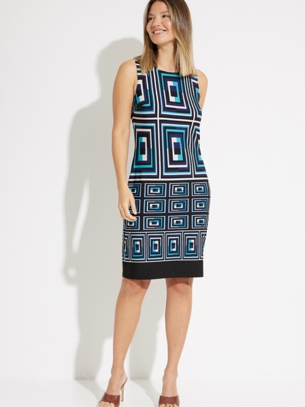 Joseph Ribkoff Sleeveless Geometric Shift Dress in Teal & Black Sz 8